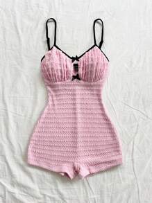 Soleia Women's Vacation Solid Pink Knit Textured Front Hollow Bow Contrast Strap Skinny Jumpsuit, Fashionable Layering Or Outerwear, Party - Baby Pink - View 4