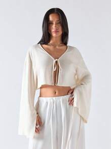 LYSMO Áo sơ mi nữ hở vai, thắt nơ phía trước, tay xẻ, hàng mới về mùa hè 2025 - Màu be - Xem 5