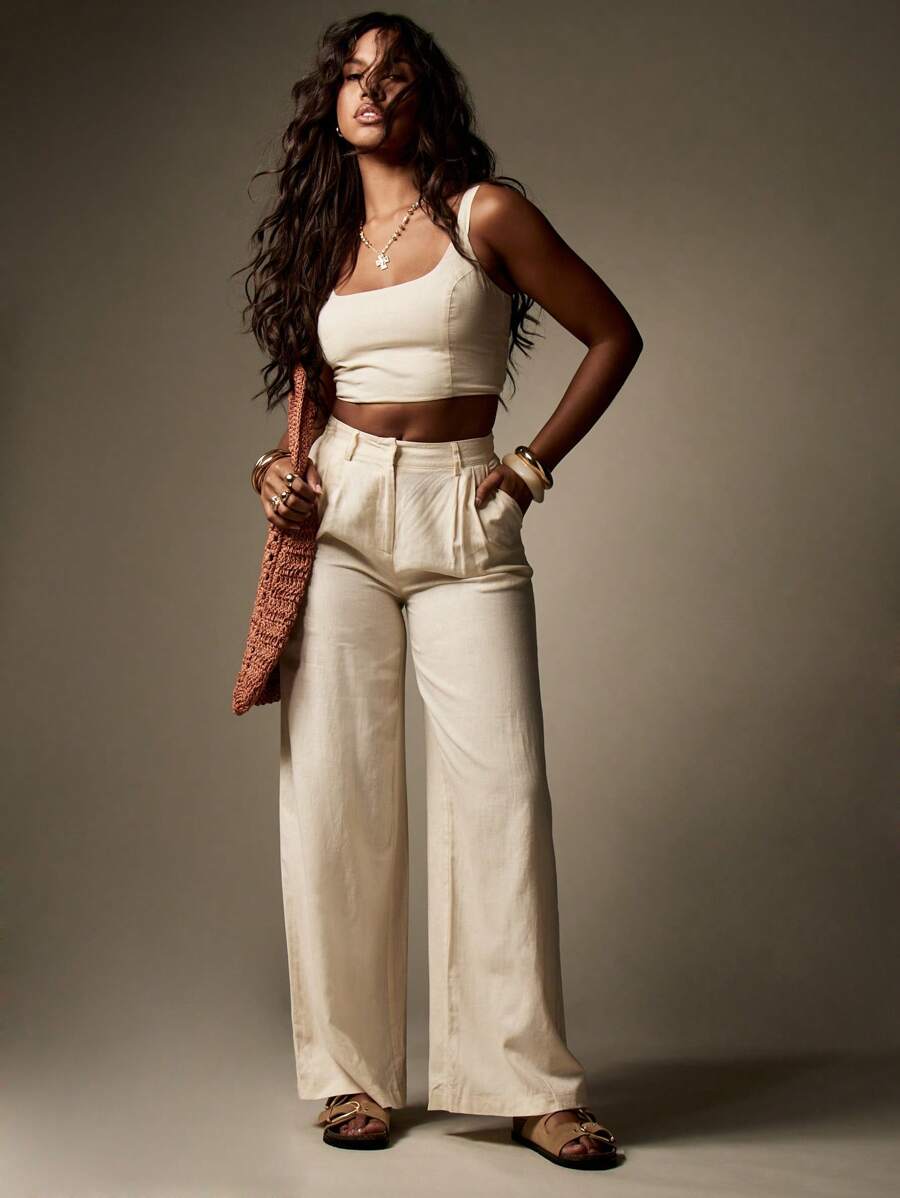 MISSGUIDED Summer Linen Two-Piece Outfit Cropped Tank Top Wide Leg Palazzo Pants Co-Ord Set Vacation Beach Resort Wear Natural Elegant Lounge Wear