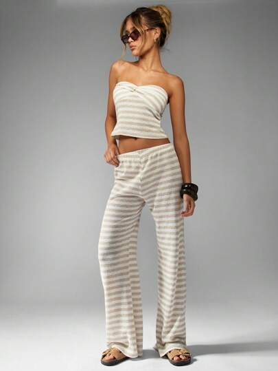 MISSGUIDED Striped Knit Co-Ord Set Bandeau Top Wide Leg Pants Resort Wear Vacation Summer Beach Outfit Loungewear Set Casual Two Piece Matching Set