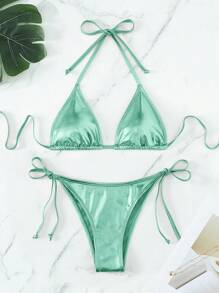 Swim Mod Women's Solid Color Halter Tie Sexy Bikini Two Pieces Swimwear Set, Summer Beach