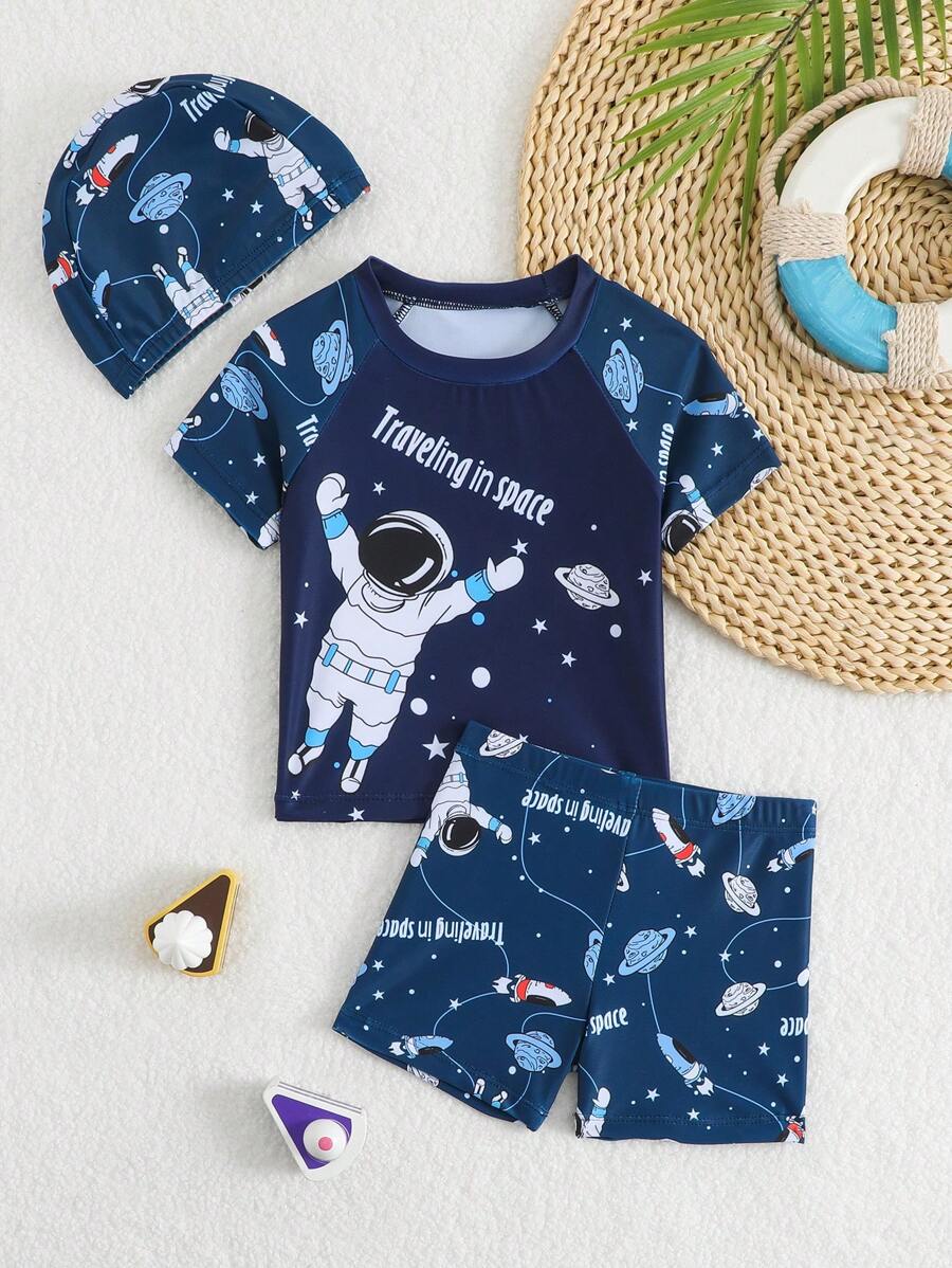 2pcs Baby Swimsuit Set: Printed Tankini Top & Trunks Bottom, Comes With Hat