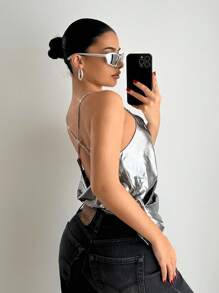 SHEIN ICON Áo hai dây đính đá Rhinestone xếp nếp kim loại gợi cảm cho câu lạc bộ mùa hè dành cho nữ, đơn giản và thời trang, phù hợp cho mùa hè - Bạc - Xem 5