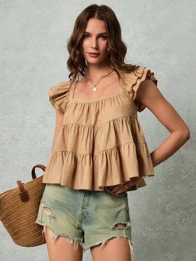 SHEIN Frenchy Blusa suelta de moda con volantes en las mangas y dobladillo con volantes, unicolor