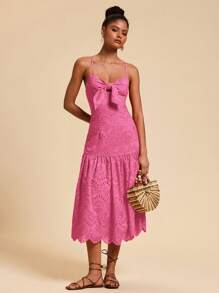 Travachic 纯色孔眼刺绣前系带吊带女式连衣裙 - 玫紅色 - 查看 7