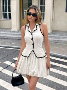 SHEIN Frenchy 2 Pieces Set: Women's Sleeveless Shirt With Button Detail And Pleated Mini Skirt Women Cocktail Dress Women Short Dresses Work Skirts For Women Women Summer Dresses Black Contrast Edge Lapel Top And Skirt Bubble Skirt Cloud Skirt Two Pieces Set, Linen Material, Summer Women's Clothing, Suitable For Daily And Holiday Wear Casual - Multicolor - View 5
