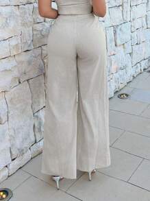 SHEIN SXY 女士纯色简约时尚西装裤，适合夏季穿着，亚麻材质，女士阔腿裤，夏季、春季、度假、热带风情、性感、海滩、假期、伊比沙岛 - 米色 - 查看 2