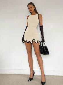 Siren Gaze 女式针织迷你连衣裙，适合休闲家居服或夜间外出，合身、舒适、迷人、优雅的黑色连衣裙 - 杏色 - 查看 1