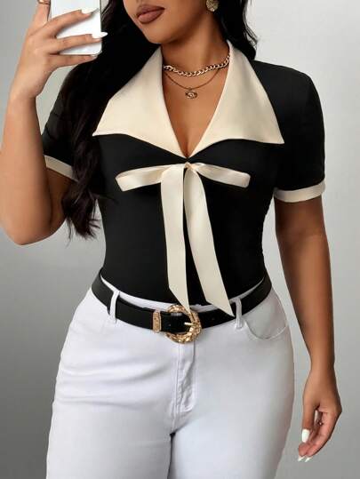 Elenzga 大码女式优雅浪漫休闲/办公黑白拼布蝴蝶结领短袖 T 恤
