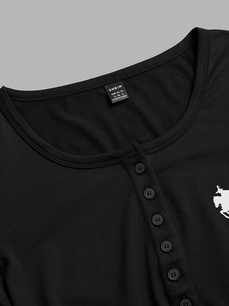 SHEIN EZwear 1 件女式三色马图案针织长袖 T 恤，适合春夏季 - 彩色 - 查看 8