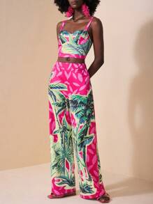 Zivah 2025 Summer New Music Festival, Easter, St. Patrick's Day, Western, Nomadic Style, Suitable For Wedding, Birthday Party, Graduation, Student, Daily Wear, Casual, Vacation, Cruise Travel, Beach, Sunbathing, Fashion, Wide Strap, Bodycon, Wide Leg Pants, Tropical Plant, Coconut Tree Print, Colorblock Women's 2 Pieces Set