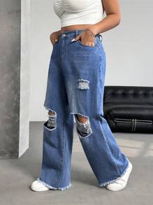 SHEIN Essnce Jeans de mujer talla grande desgastados, moda minimalista adecuada para el verano