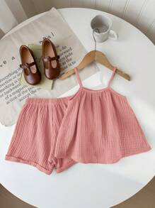 SHEIN LMoss Kids 2 件套年轻女孩夏季休闲宽松细肩带吊带背心和荷叶边下摆短裤套装 - 粉色 - 查看 2