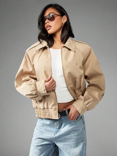 MISSGUIDED Chaqueta tipo bomber militar oversize de tweed con hombros acolchados, cintura elástica, estilo retro de calle para otoño e invierno, con cierre de cremallera, abrigo informal tipo cortaviento