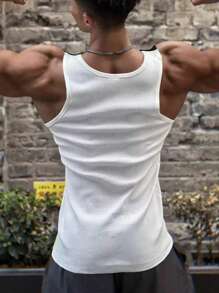 Manfinity Dauomo Men's Letter Webbing Casual Crew Neck Ribbed Tank Top - Black and White - View 2