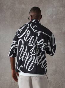 SUMWON Oversized Designer Shirt All Over Print Calligraphy Script Pattern Street Style Festival Party Club Short Sleeve Button Up Casual Contemporary Unique Fashion Statement - Black - View 3