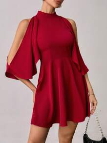 SHEIN Tall Women's Burgundy Commuter Bat Sleeve Off-Shoulder Halter Neck Loose A-Hem Dress Suitable For Weddings And Vacations - Burgundy - View 4
