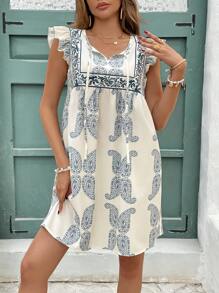 SHEIN Frenchy Robe mini casual à manches courtes avec imprimé cashew pour femmes en vacances