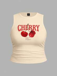 SHEIN EZwear 3 piezas Camiseta sin mangas de ajuste entallado talla grande con estampados de leopardo, lazo y cereza, casual, para verano