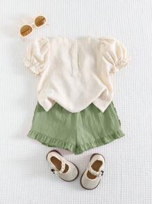 Cozy Pixies 2 件装女婴花卉印花圆领短款泡泡袖荷叶边下摆套头衫和腰部弹力短裤套装