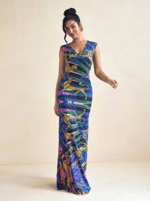 SHAQUITA GARCIA Women's Bohemian Vintage Pattern Print V-Neck Sleeveless Spring/Summer Resort Maxi Dress Boho Sundress