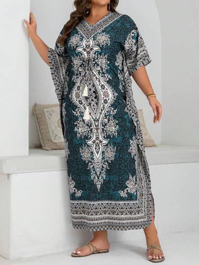 Al Najma Plus Size Women's Floral Print V-Neck Dress With Side Slit,Robe,Modest,Abaya