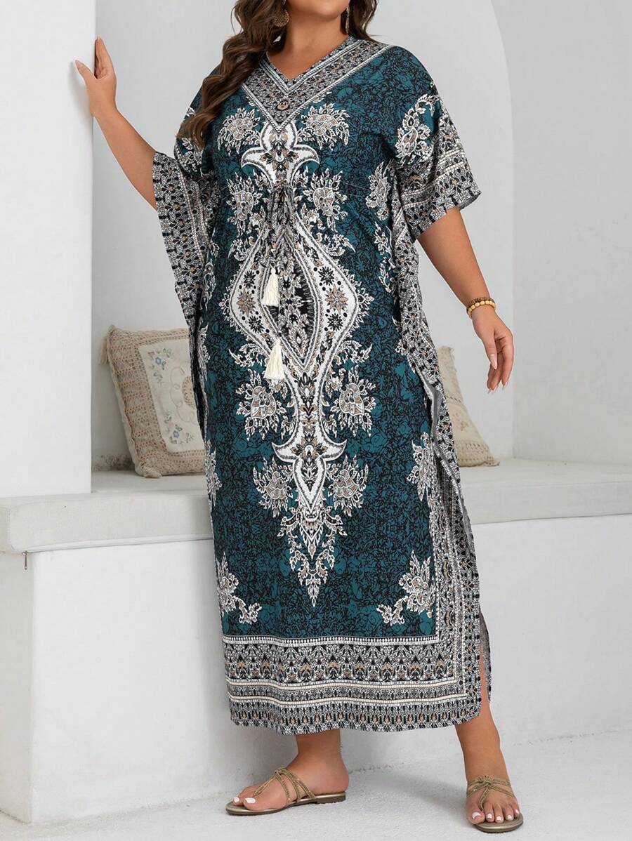 Al Najma Plus Size Women's Floral Print V-Neck Dress With Side Slit,Robe,Modest,Abaya