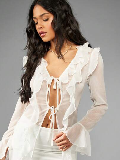 MISSGUIDED Chiffon Ruffled Long Sleeve Maxi Dress With Tie Front Cut-Out MISSGUIDED