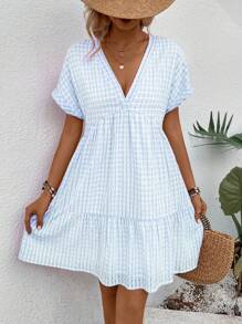 Breezaya 大码女式春夏时尚休闲泡泡格子宽松 V 领喇叭迷你连衣裙 - 藍色 - 查看 1