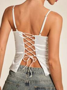 Glamine Top de satin blanc sexy dos nu froncé, top pour soirée, fête de vacances, sortie, anniversaire, top de base