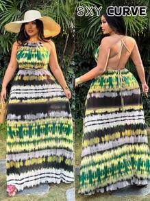SHEIN SXY Plus Size Women's V-Neck Backless Tie-Dye Ruffle Print Dress,Green,Summer,Boho,Vacation,Holiday,Casual Beach Outfits,Cute Date Night Streetwear - Multicolor - View 6