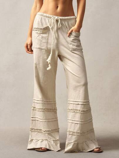Bohemela Bohemian Style Solid Color High Waist Flare Leg Knit Trousers, Spring/Summer Boho Pants Women
