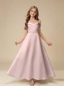 Girls Off Shoulder Strap Shiny Satin Rhinestone Embellished Flared Long Formal Dress For Wedding, Prom, Birthday Party, Performance - Dusty Pink - View 1
