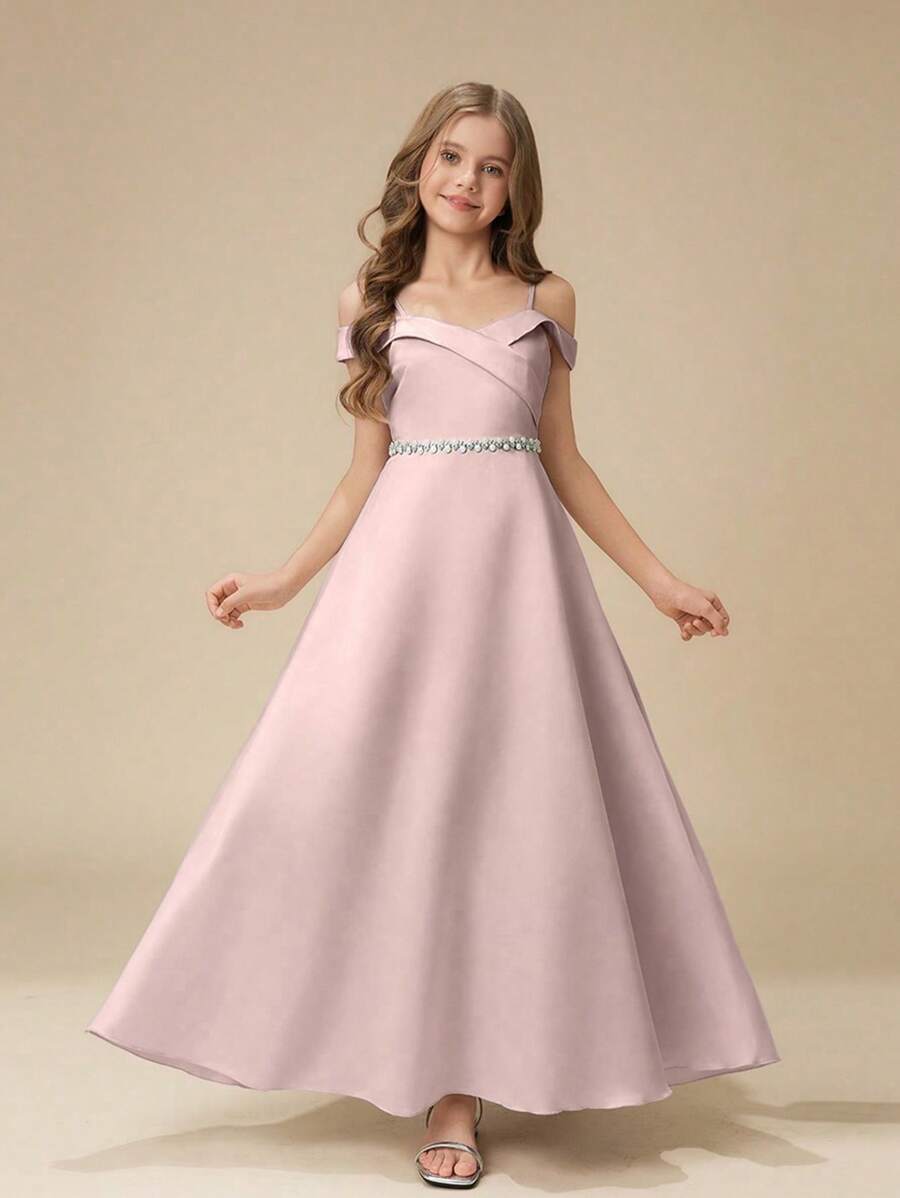 Girls Off Shoulder Strap Shiny Satin Rhinestone Embellished Flared Long Formal Dress For Wedding, Prom, Birthday Party, Performance - Dusty Pink - View 1