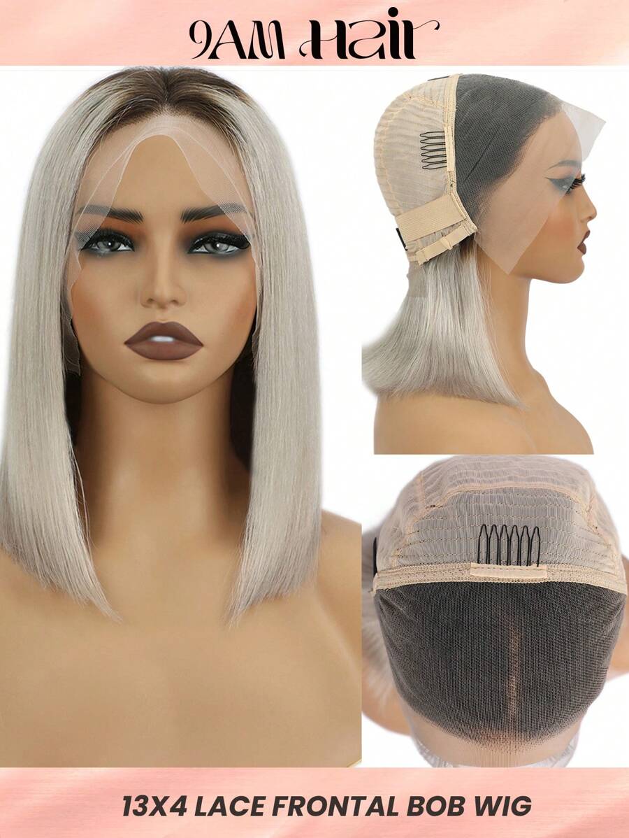 渐变银色蕾丝前假发 10-12 英寸短波波头真人发假发 13x4 透明蕾丝波波头假发女士