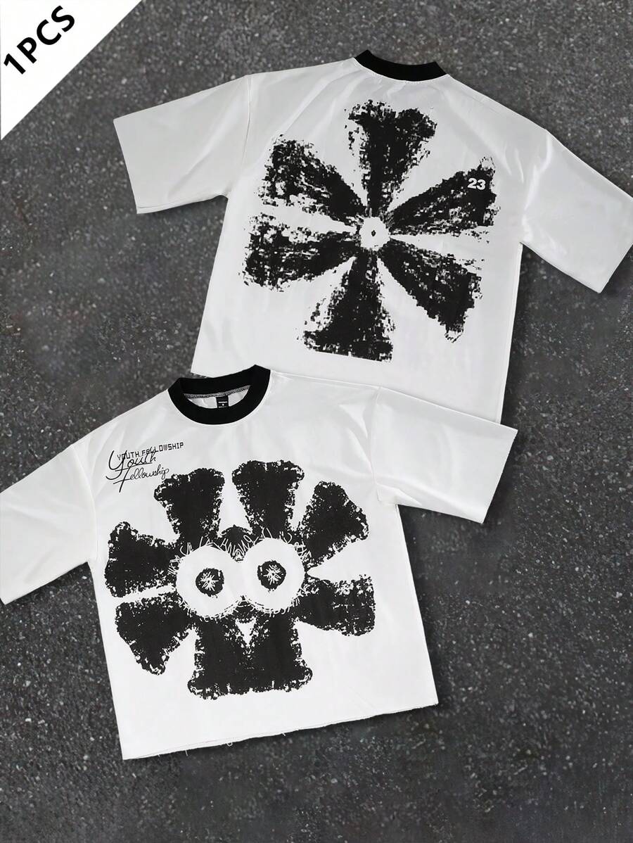 Manfinity EMRG Áo thun nam cổ tròn tay ngắn in chữ và hoa - trắng - Xem 1