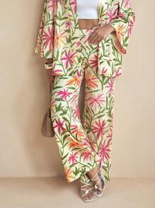 Miriam Omar Pantalons longs large à motif floral coloré pour le printemps, tenue de vacances d'été décontractée pour femmes
