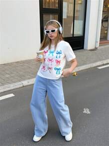 SHEIN 2pcs/Set Young Girl Casual Round Neck T-Shirt & Long Pants, Minimalist & Fashion, Suitable For Summer - Multicolor - View 2