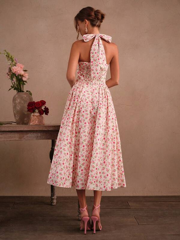 Savoree Sexy, Spring, Summer, Elegant Rose Floral Print Sleeveless Halter Neck Tie-Front Backless A-Line Dress