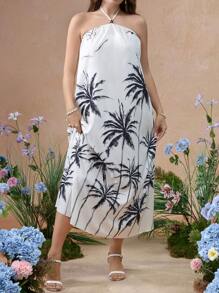 Flirla Vestido de vacaciones con escote de halter y estampado de palmeras para mujer de talla grande