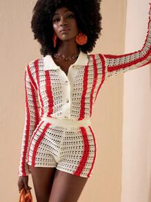 Zivah 新款音樂節休閒街頭風格空心時尚女性折領釦紋針織開衫上衣＆短高腰毛衣＆短褲性感沙灘套裝 - 彩色 - 查看 5