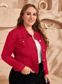 EMERY ROSE Plus Size Women's Long Sleeve Single-Breasted Casual Denim Jacket Festival Elegant Elegant - Red - View 4