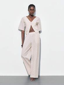 Maija Women's Khaki & White Striped V-Neck Spring/Summer Casual Loose Fitting V-Neck Raglan Sleeve Buttoned Blouse And High Waist Elastic Waist Pocket Palazzo Pants Beach/Business/Casual/Workout 2 Pieces Outfit, Versatile Timeless Classic - Multicolor - View 6