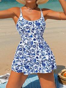 Swim Lushoire Set de 2 trajes de baño vestido estampado floral aleatorio sexy y elegante para mujer, ideal para playa, fiesta o Día de San Valentín - Azul y blanco - Ver 2