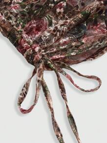 ROMWE 2pcs/Set Women Hippie Style Lace Print Bustier Crop Top And Side Drawstring Bodycon Mini Skirt Set - Multicolor - View 8