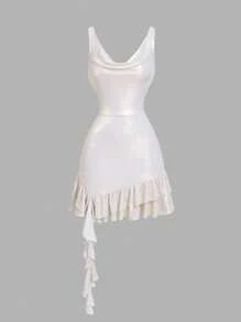 SHEIN MOD 杏色低胸荷叶边系腰连衣裙 - 杏色 - 查看 1