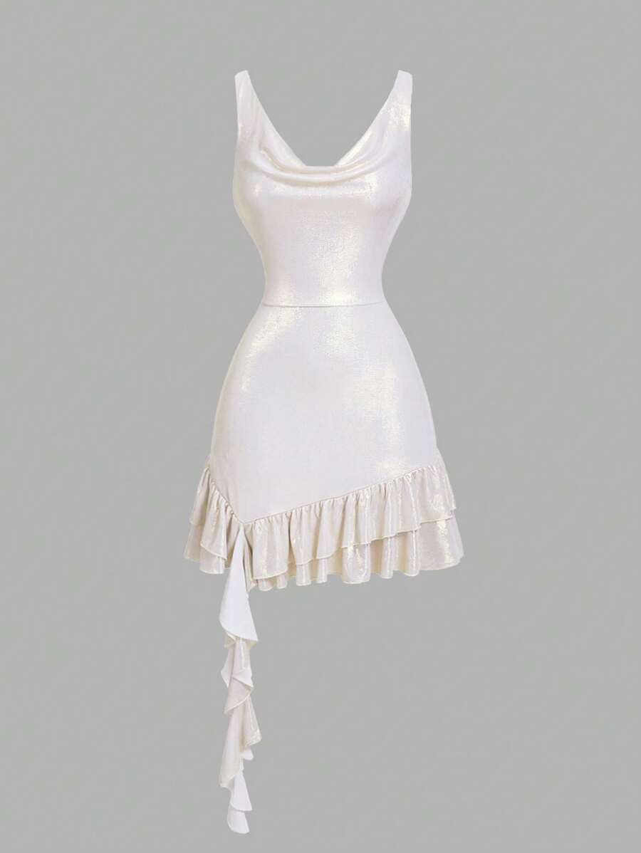 SHEIN MOD 杏色低胸荷叶边系腰连衣裙 - 杏色 - 查看 1