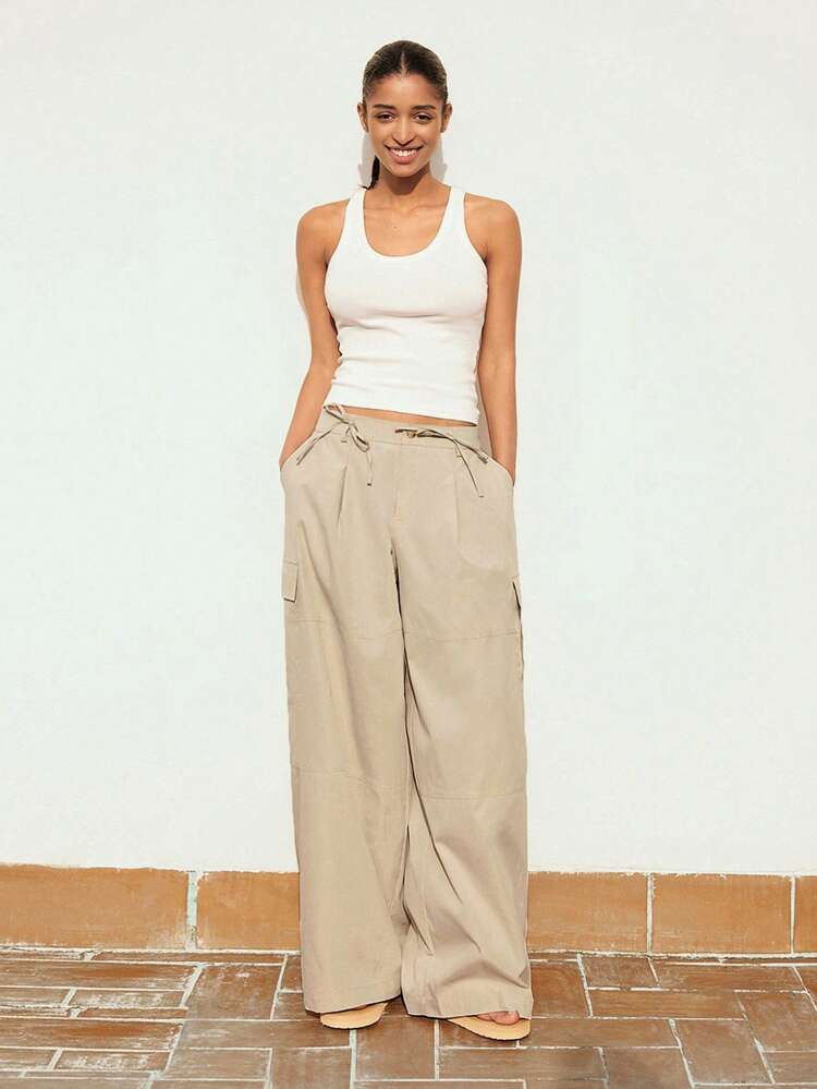 SHEIN Maija Pantalon décontracté ample à jambe large avec taille nouée et poches utilitaires, pour femmes pendant les vacances d'été