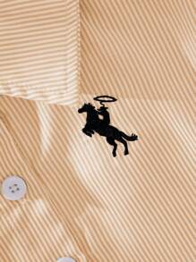 SHEIN Girls Blue Stripe Embroidery Short Sleeve Casual Vacation Style Formal Shirt, Summer New Arrival - Orange - View 3