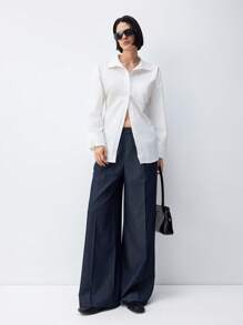 LYSMO 2025 New Arrivel Summer Side-Striped Denim Effect Straight-Leg Wide Pants - Navy Blue - View 5